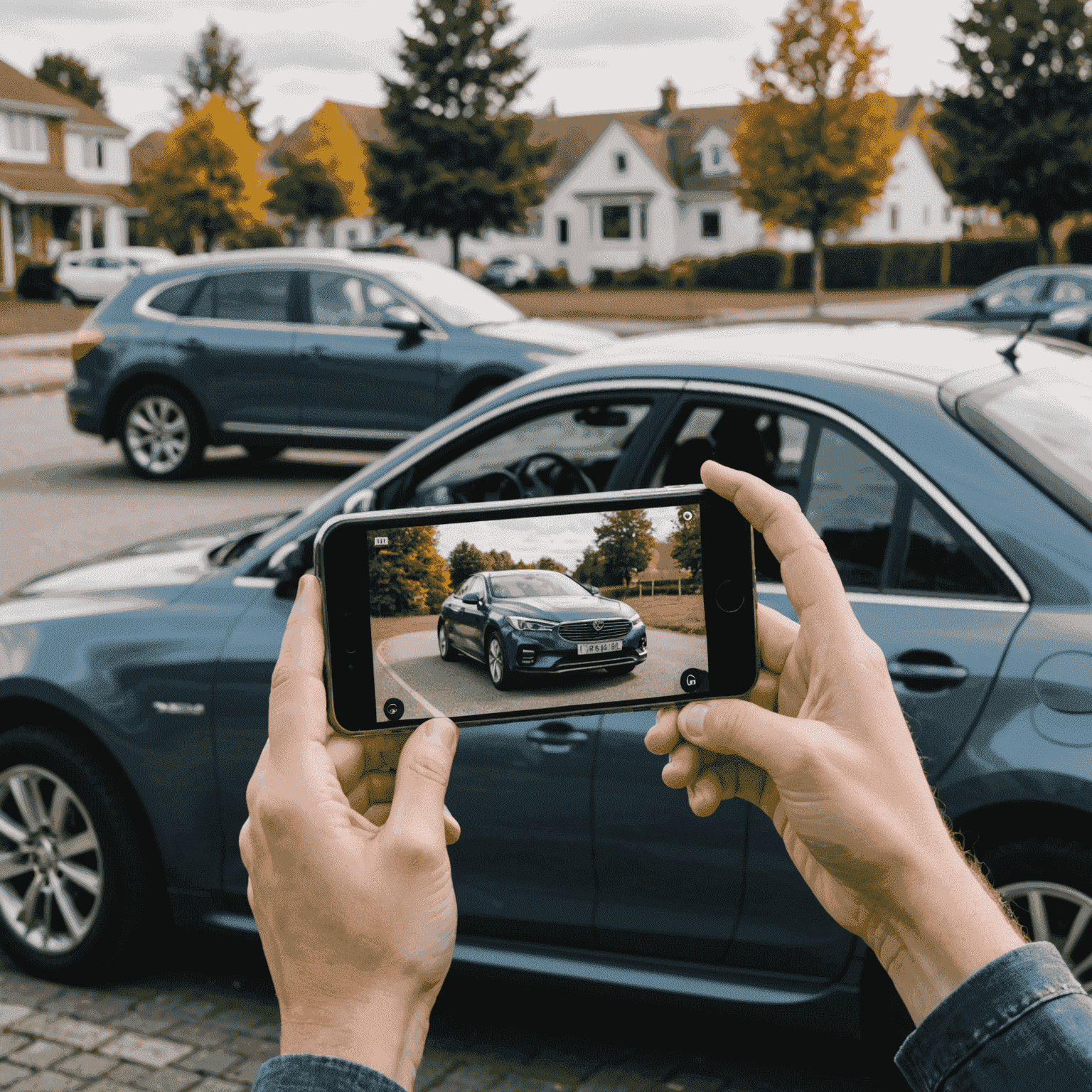 A person taking photos of their car for an online listing, with a smartphone and 'For Sale' sign visible